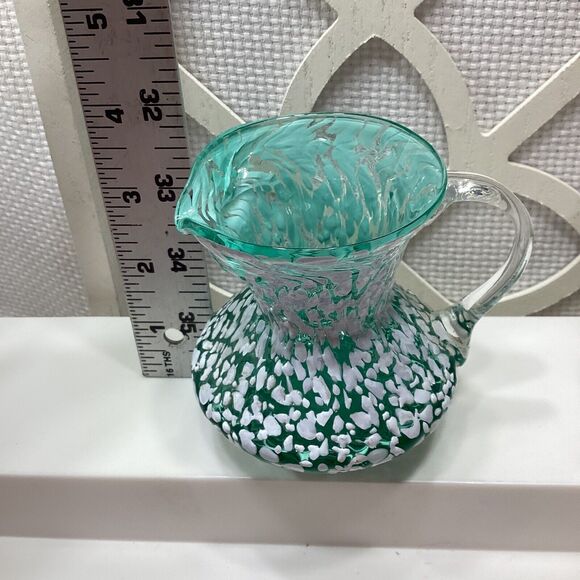 Art Pilgrim Glass Vase & Mini Pitcher Pair Green White Speckled Clear Handle - Picture 10 of 10